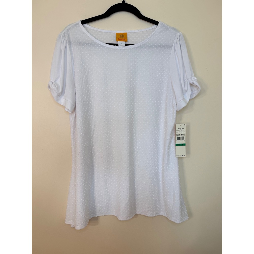 Ruby Rd White Swiss Dot Puff Sleeve Top Azure Dreams VC 22475 VC L